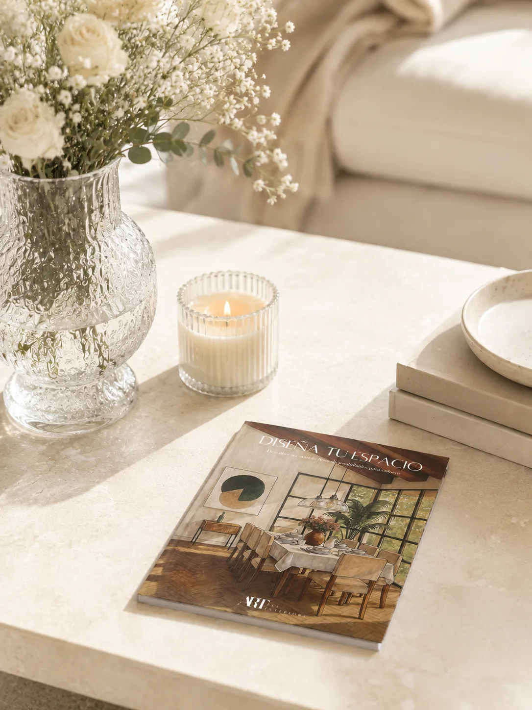 El libro sobre la mesa del salón, entre flores y una vela